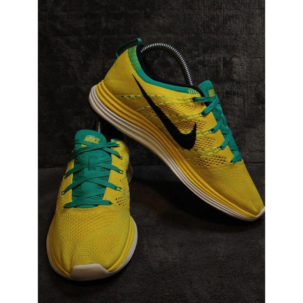 NIKE Flyknit One+ LUNARLON Women 8.5 RARE Yellow & Turquoise Color Running Shoe
